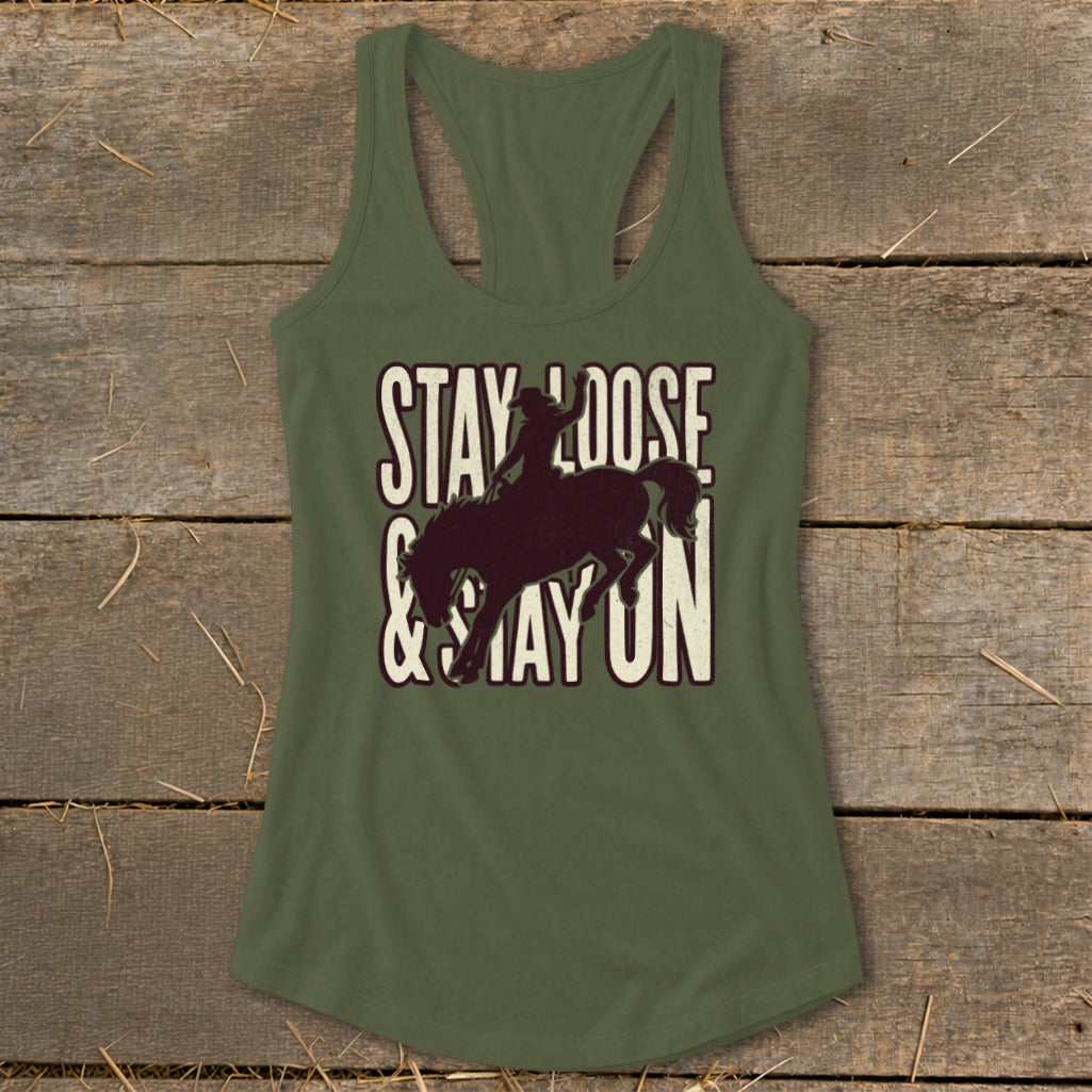 Green tank top with rodeo rider silhouette and text "Stay Loose & Stay On".