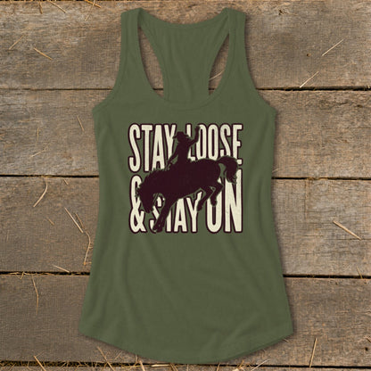 Green tank top with rodeo rider silhouette and text "Stay Loose & Stay On".