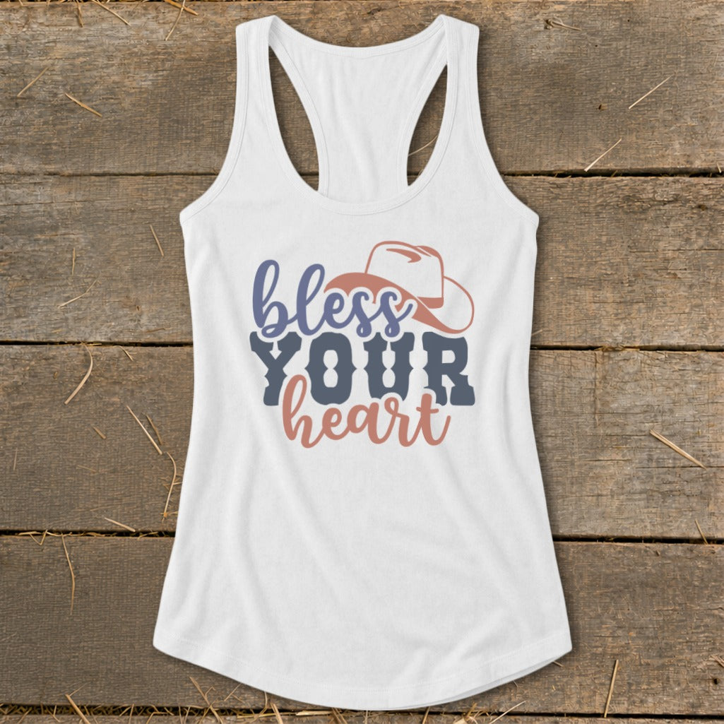 White tank top with "bless YOUR heart" text and a cowboy hat graphic.