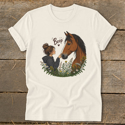 Illustration of girl touching horse's nose with "Boop" text above.