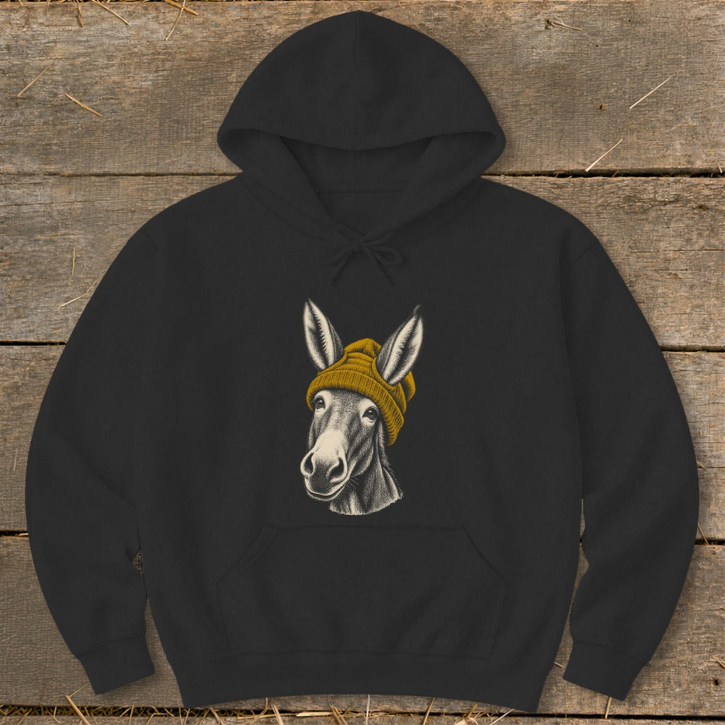 Dark gray hoodie with a sketched donkey wearing a yellow beanie graphic.