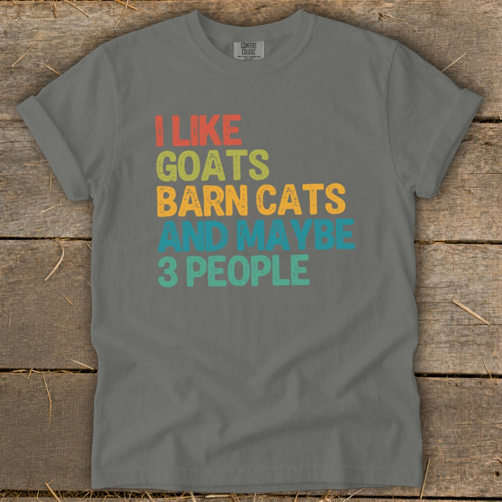 Grey t-shirt with "I like goats barn cats and maybe 3 people" text.