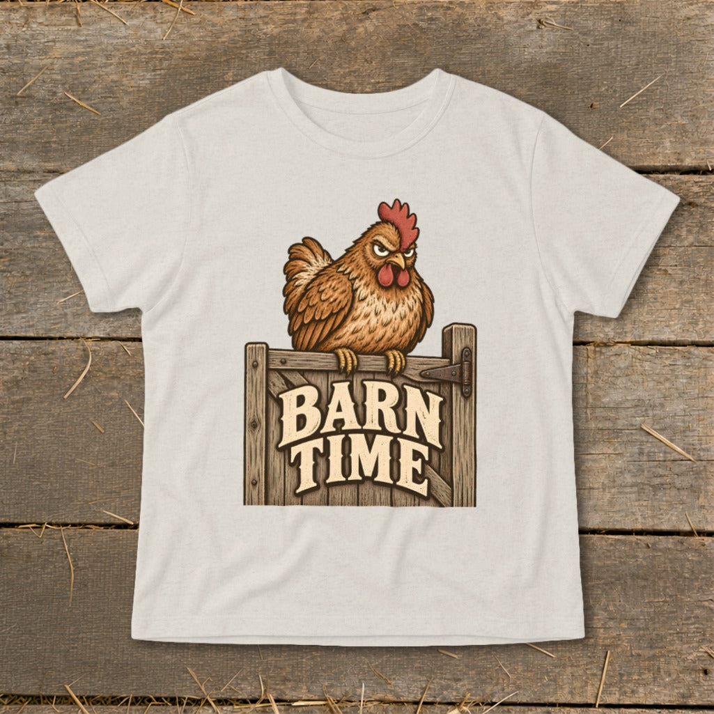 Graphic t-shirt with a cartoon chicken sitting on a wooden gate with "BARN TIME" text.