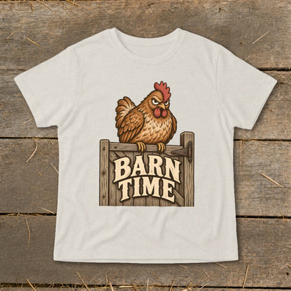 Graphic t-shirt with a cartoon chicken sitting on a wooden gate with "BARN TIME" text.