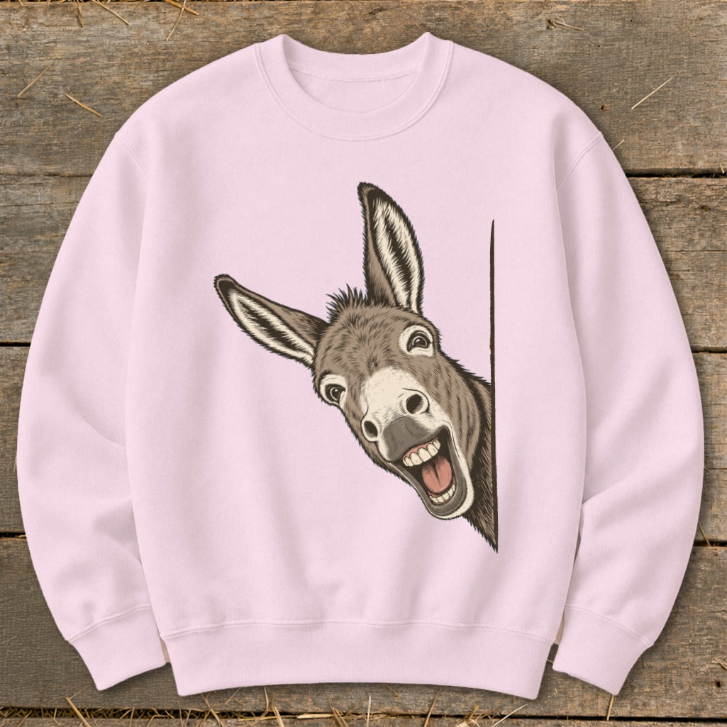 Pink sweatshirt with a surprised donkey peeking from the right side.