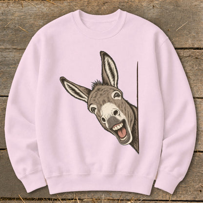 Pink sweatshirt with a surprised donkey peeking from the right side.