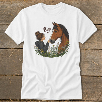Illustration of a girl booping a horse's nose surrounded by flowers.