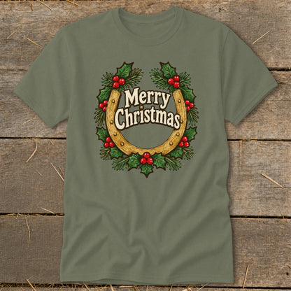 Olive green t-shirt with a horseshoe, holly, and "Merry Christmas" text graphic.