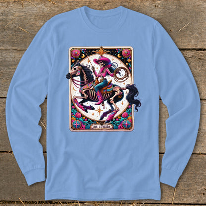 Skeleton cowgirl on a horse, wearing a pink hat and boots, with text "THE COWGIRL".