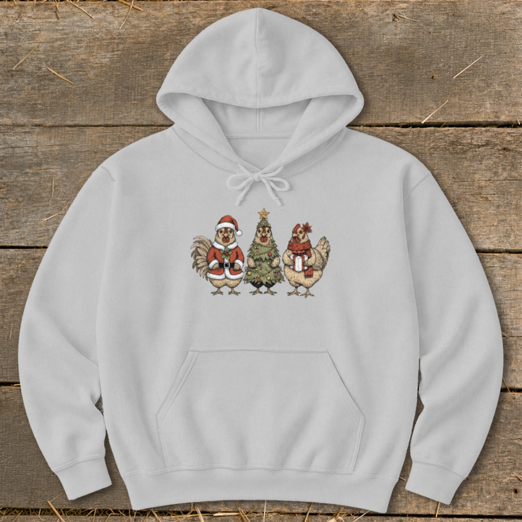 Light grey hoodie featuring a Christmas-themed illustration of three chickens.