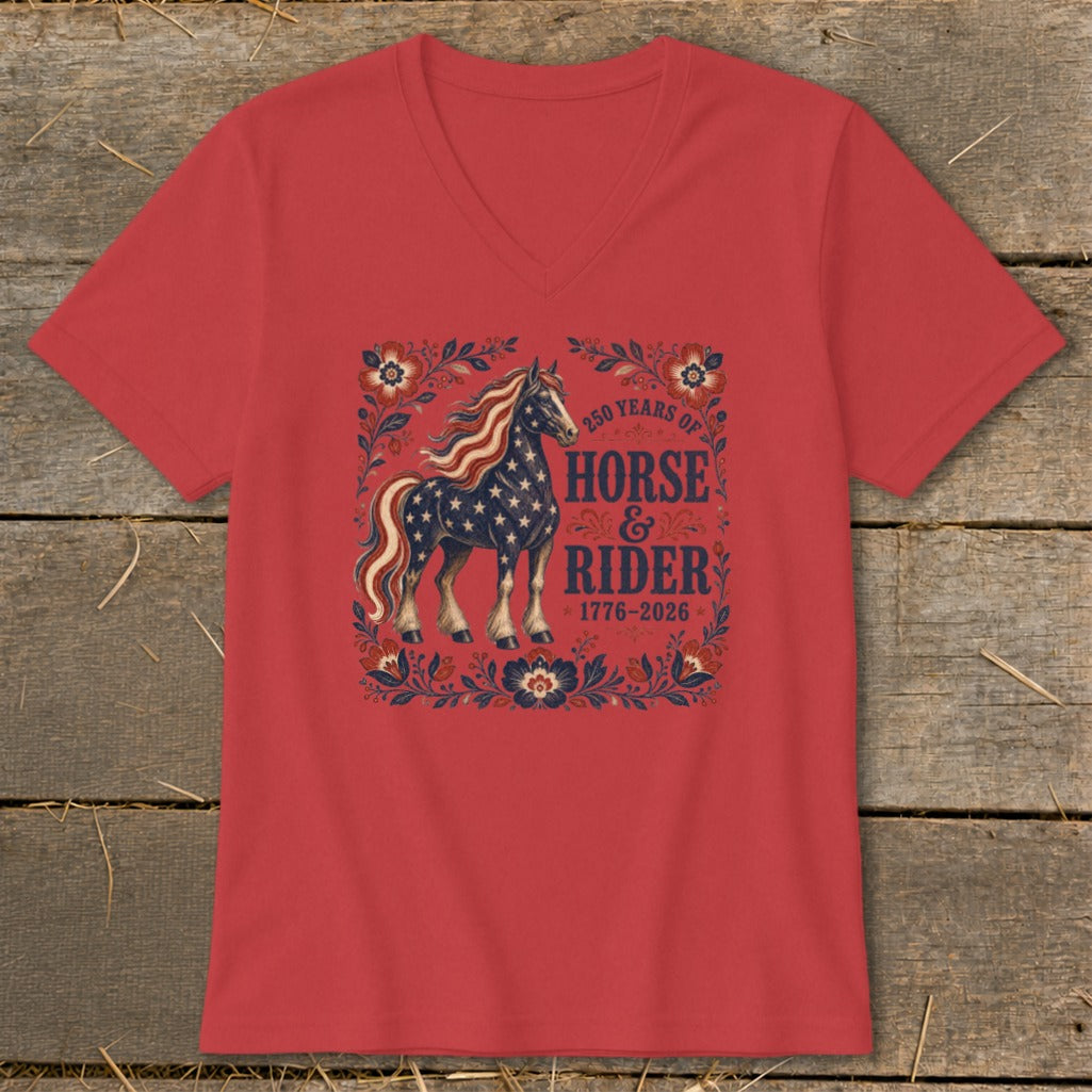 Red v-neck t-shirt with horse and rider graphic, stars, and patriotic text.