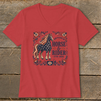 Red v-neck t-shirt with horse and rider graphic, stars, and patriotic text.