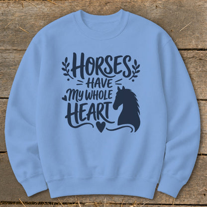 Light blue sweatshirt with "Horses Have My Whole Heart" text and horse silhouette.