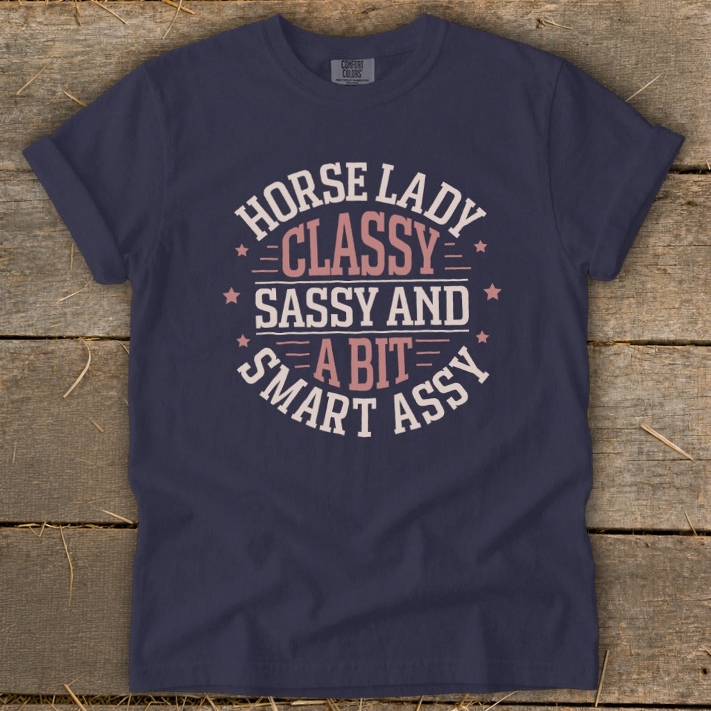 Navy t-shirt with text: HORSE LADY CLASSY SASSY AND A BIT SMART ASSY.