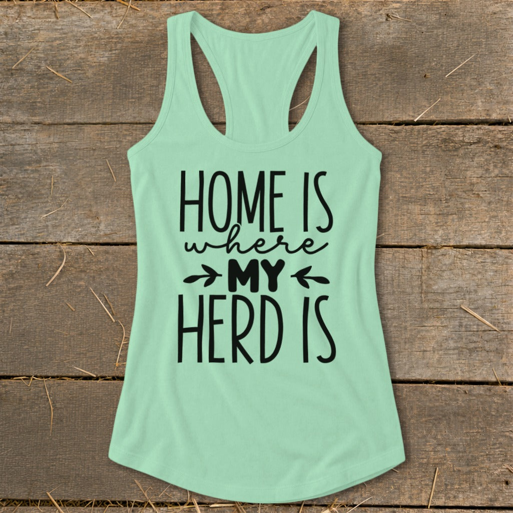 Mint green tank top with black text reading "HOME IS where MY HERD IS".
