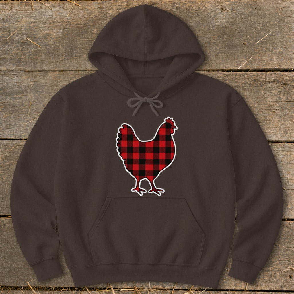 Brown hoodie with a red and black buffalo plaid chicken graphic.