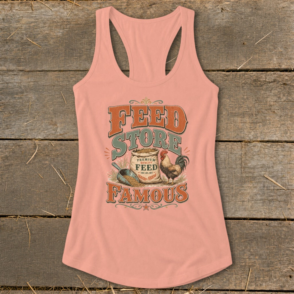 Peach tank top with "Feed Store Famous" graphic featuring a chicken and bag of feed.