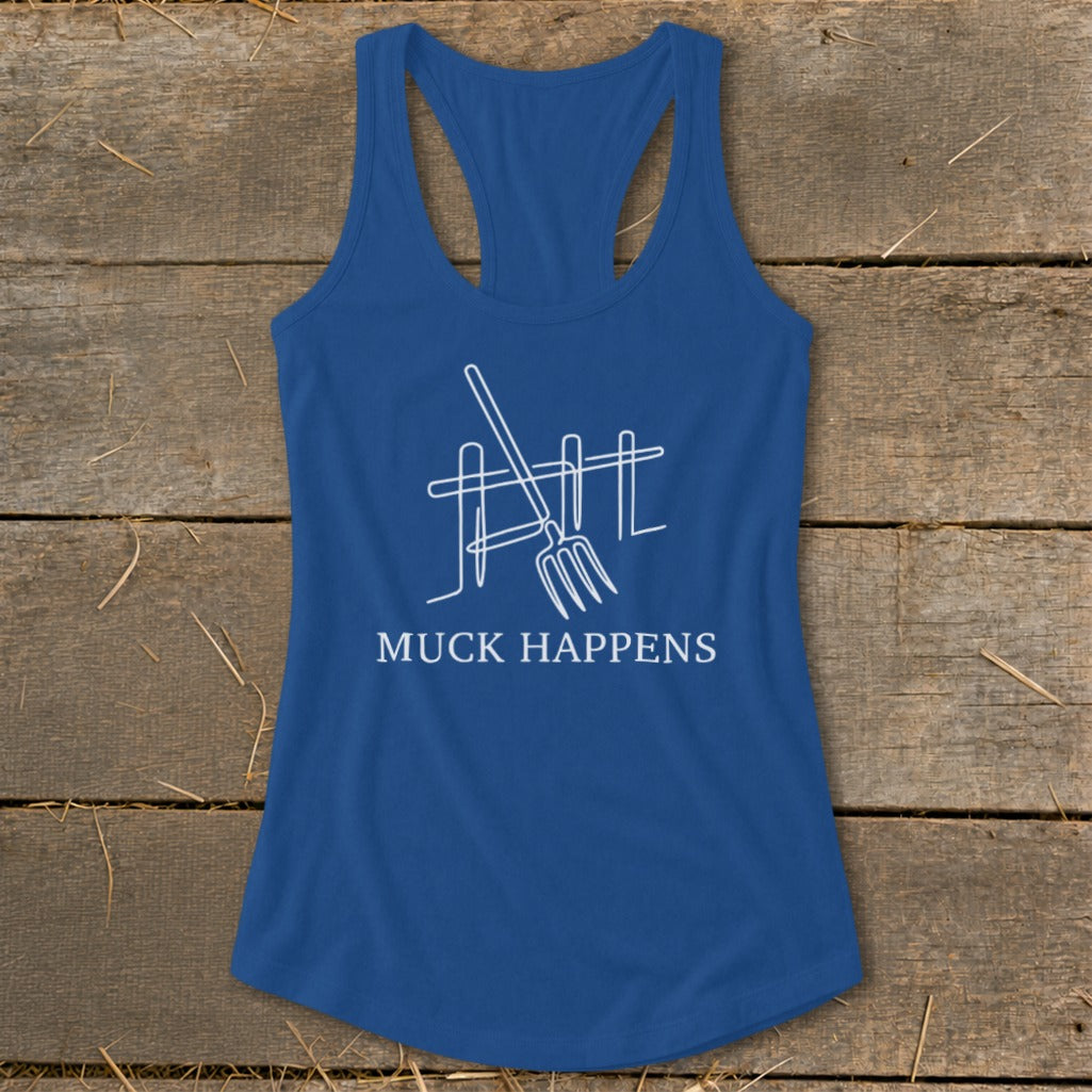 Blue tank top with white line drawing of pitchfork and fence, "MUCK HAPPENS" text.