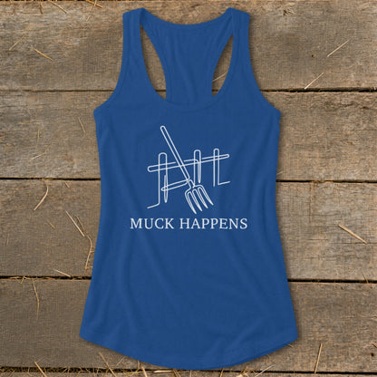 Blue tank top with white line drawing of pitchfork and fence, "MUCK HAPPENS" text.