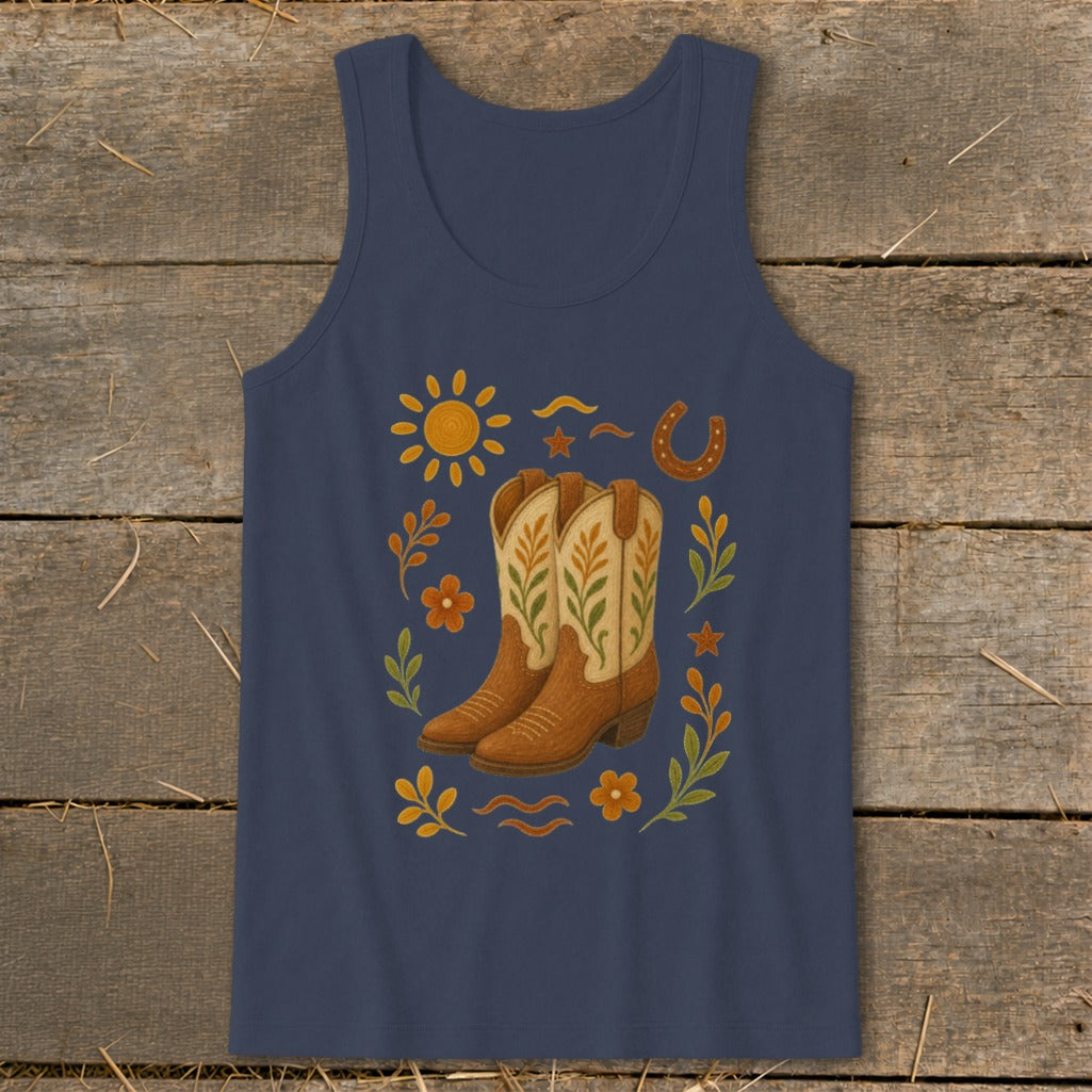 Navy tank top with cowboy boot and sun graphic and floral accents.