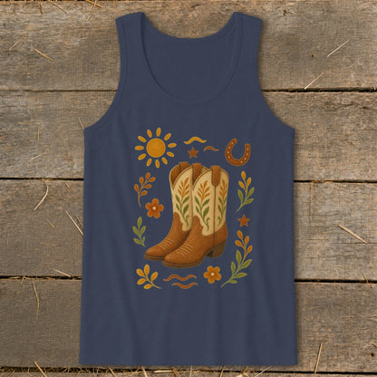 Navy tank top with cowboy boot and sun graphic and floral accents.