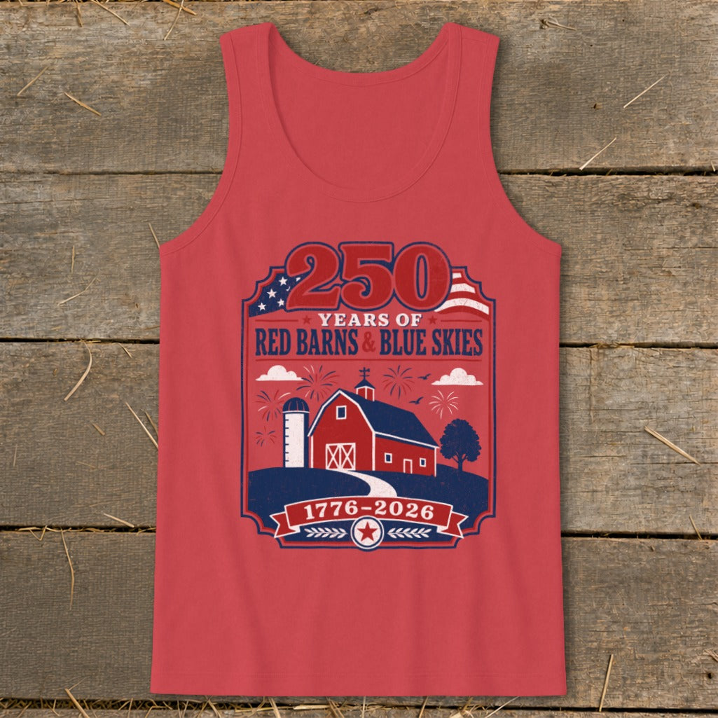 Red tank top with "250 Years of Red Barns & Blue Skies" and patriotic barn graphic.