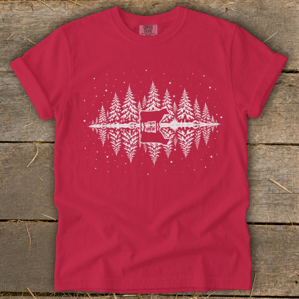 Red t-shirt with white graphic of pine trees reflected in water.