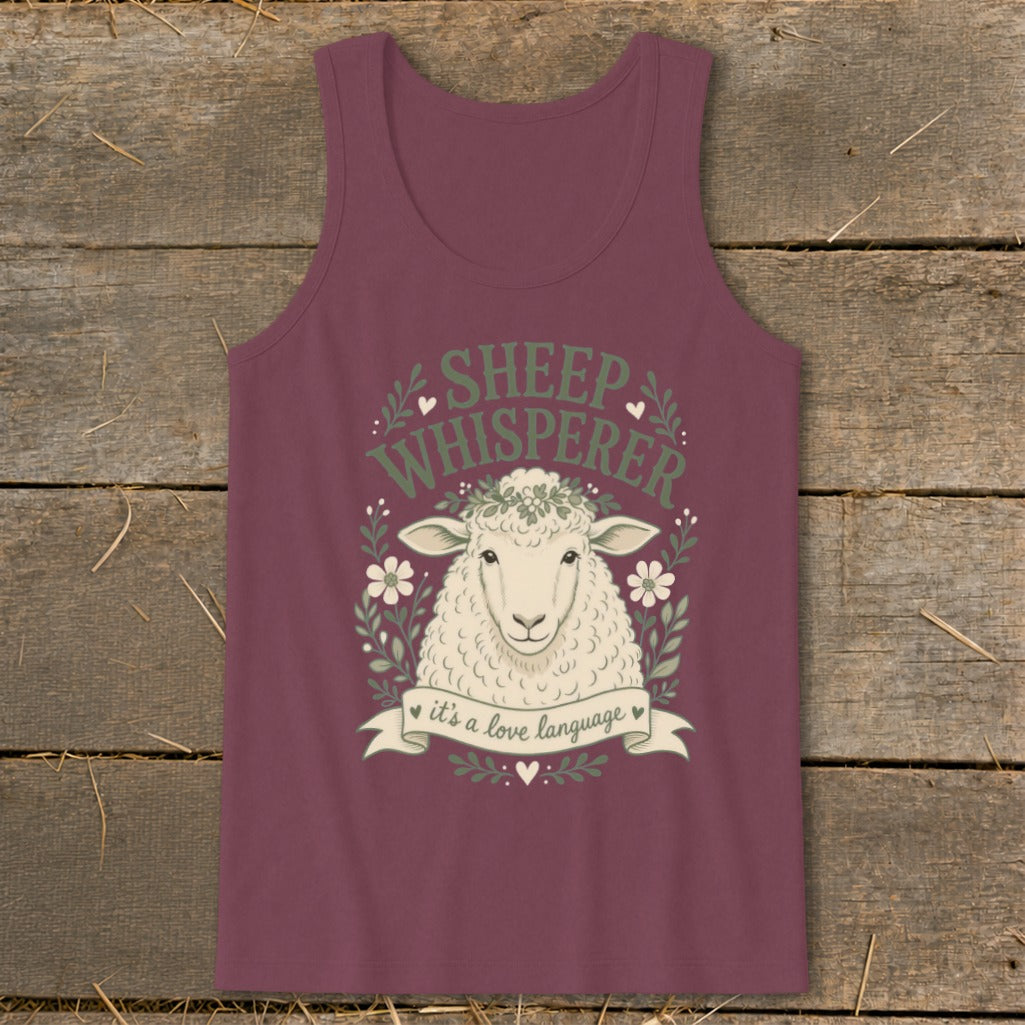 Burgundy tank top with a sheep graphic and text "SHEEP WHISPERER it's a love language".