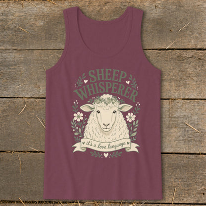 Burgundy tank top with a sheep graphic and text "SHEEP WHISPERER it's a love language".