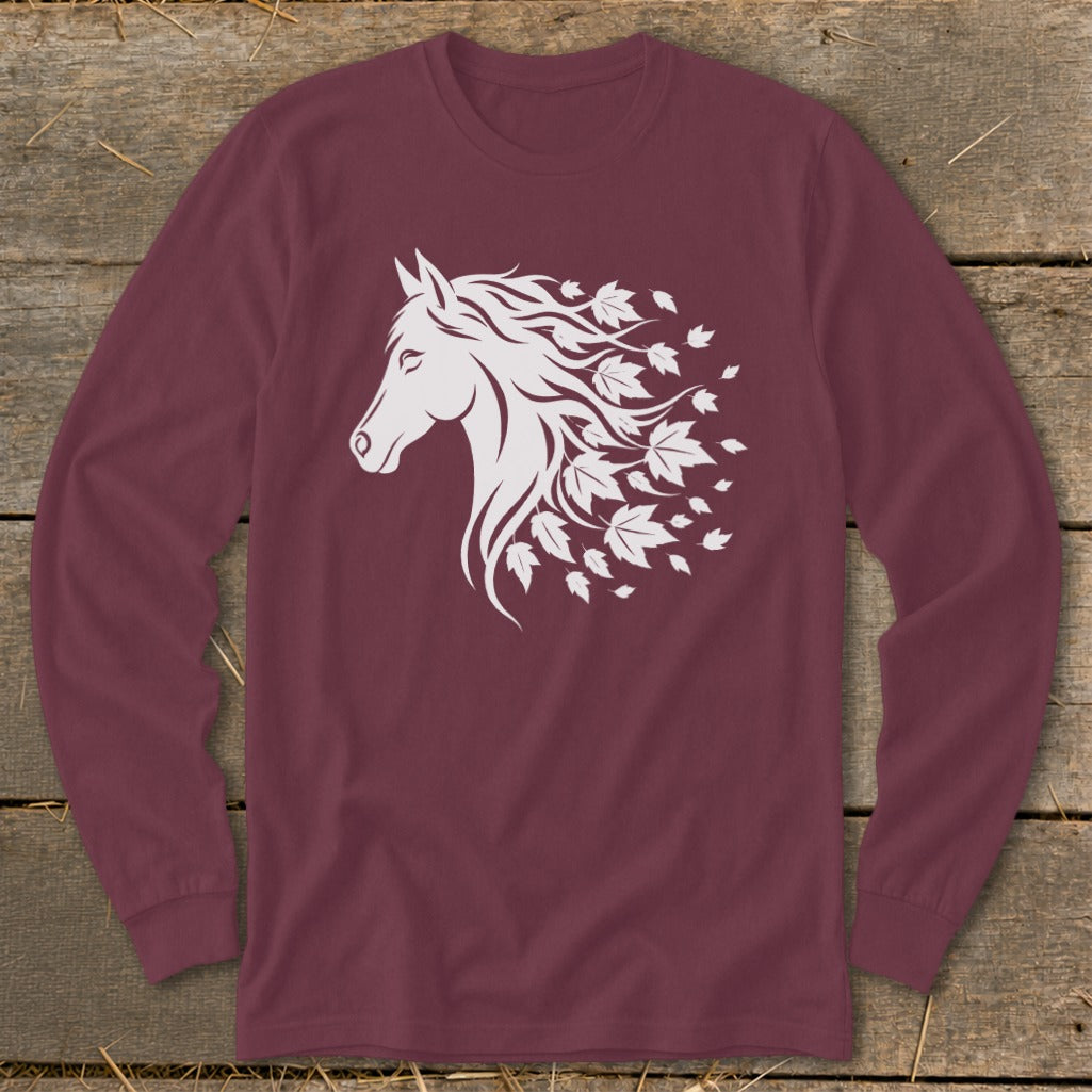 Maroon long-sleeve shirt with white horse head and falling leaves design.