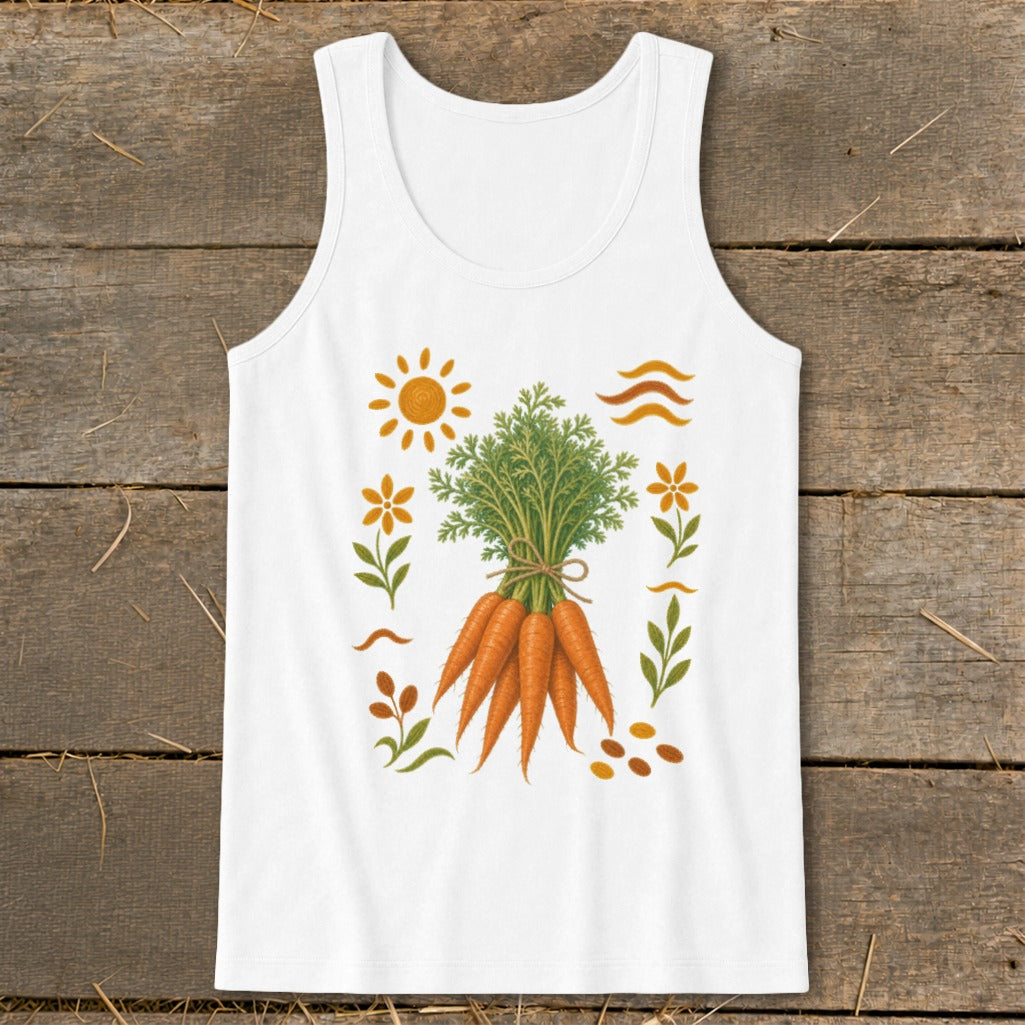 White tank top with illustration of a bunch of carrots, sun, flowers, and leaves.