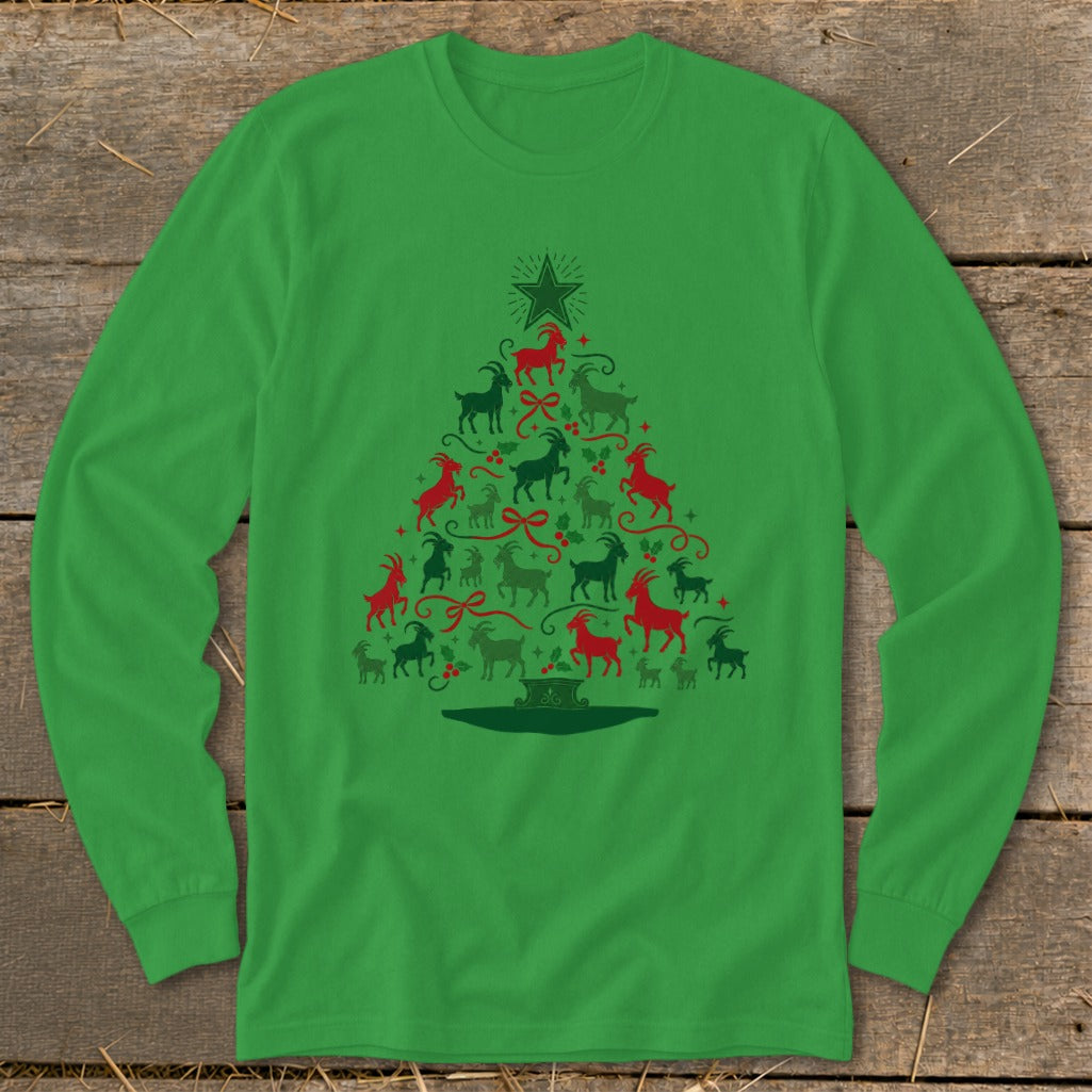 Green long sleeve shirt with a Christmas tree design made of goats and bows.