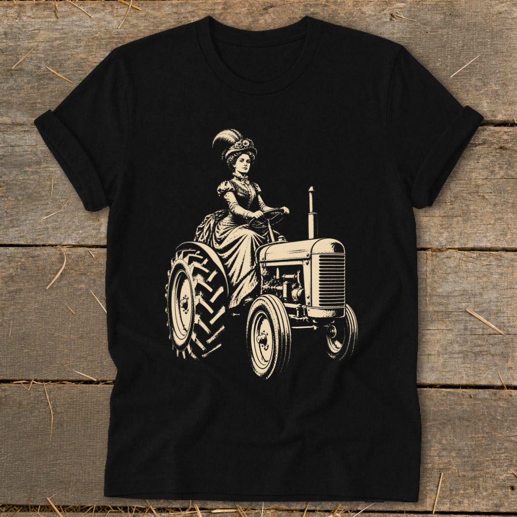 Woman in vintage dress and hat driving an old-fashioned tractor.