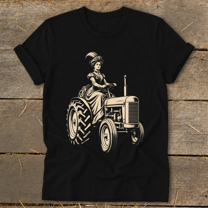 Woman in vintage dress and hat driving an old-fashioned tractor.