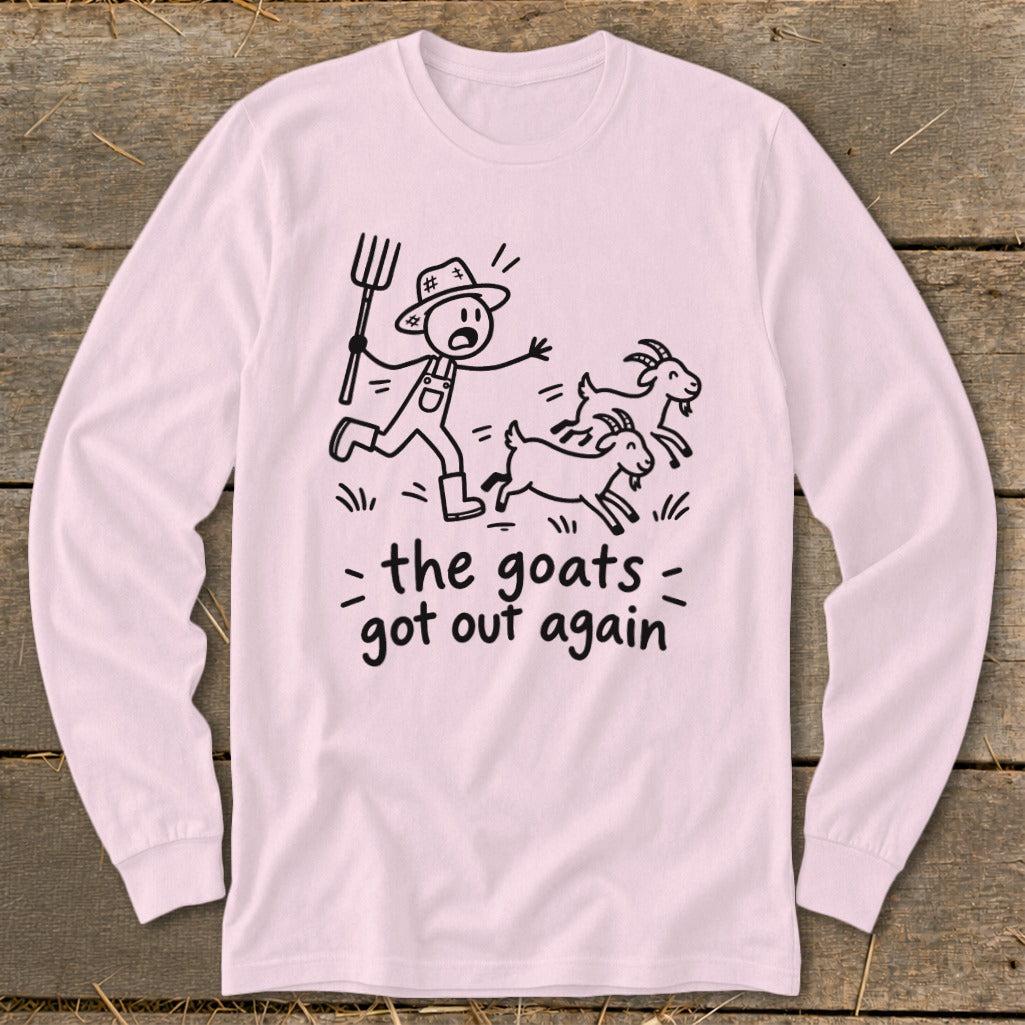 Stick figure farmer chasing goats with text "the goats got out again".