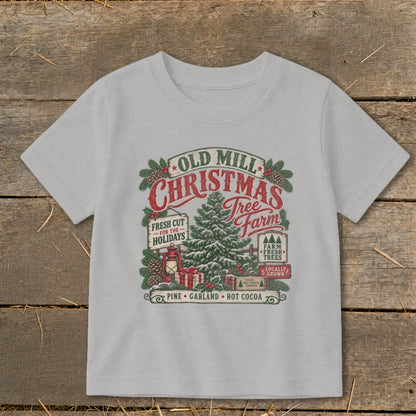 Old Mill Christmas Tree Farm design with a tree, gifts, and festive text.