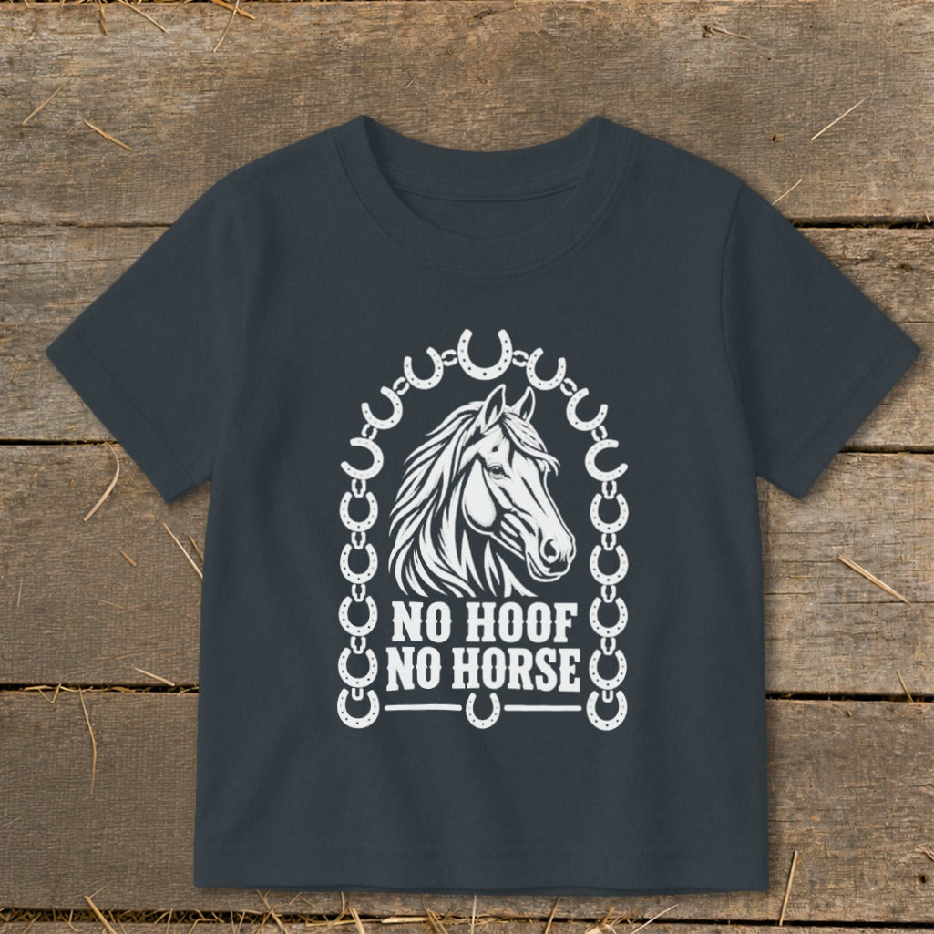 Dark gray t-shirt with white horse graphic and "NO HOOF NO HORSE" text.