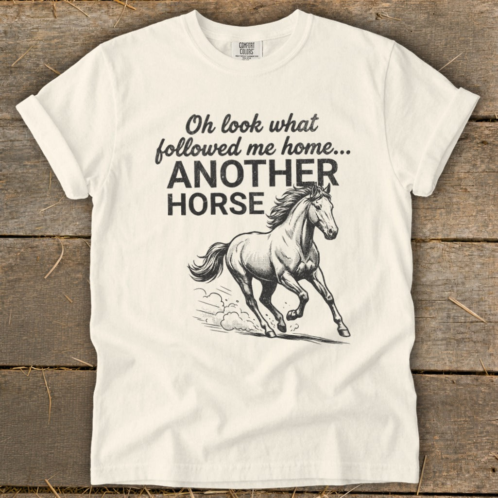 White t-shirt with text "Oh look what followed me home... ANOTHER HORSE" and a horse illustration.