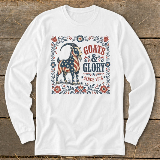 Goat with American flag print and "Goats & Glory Since 1776" text within floral border.