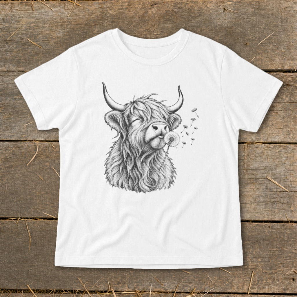 White t-shirt with a sketch of a Highland cow blowing a dandelion.