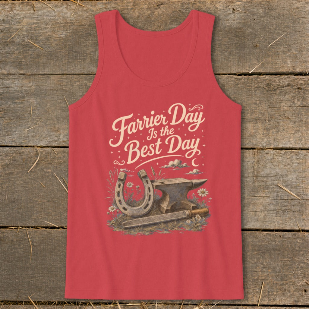 Red tank top with "Farrier Day Is the Best Day" text and horseshoe, anvil, and file graphic.