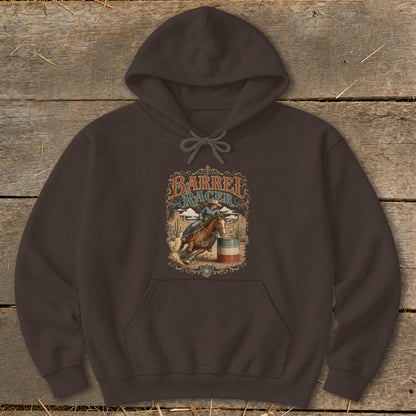 Brown hoodie with "Barrel Racer" text and equestrian illustration.
