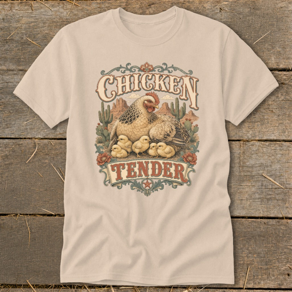 Chicken Tender graphic on a tan t-shirt with hen, chicks, cacti, and desert landscape.