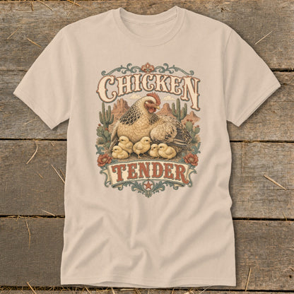 Chicken Tender graphic on a tan t-shirt with hen, chicks, cacti, and desert landscape.