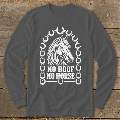 Dark grey long-sleeve shirt with white horse head, horseshoes, and "No Hoof No Horse" text.