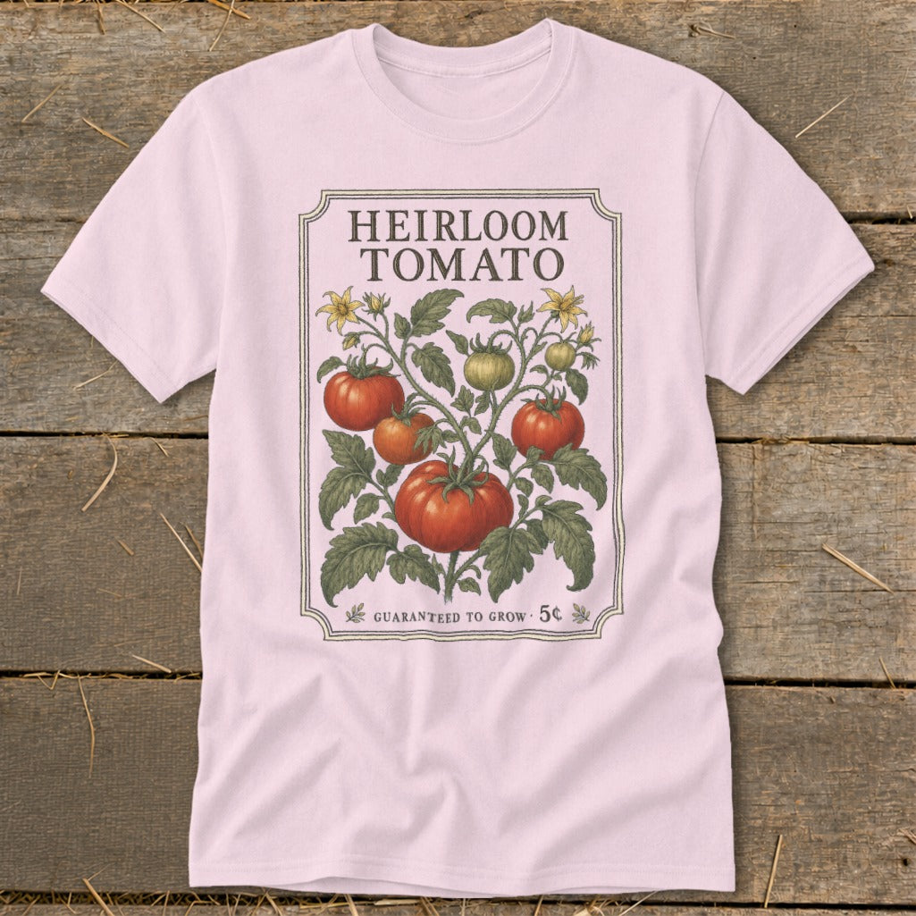 Pink t-shirt with "Heirloom Tomato" design and tomato plant illustration.