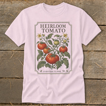Pink t-shirt with "Heirloom Tomato" design and tomato plant illustration.