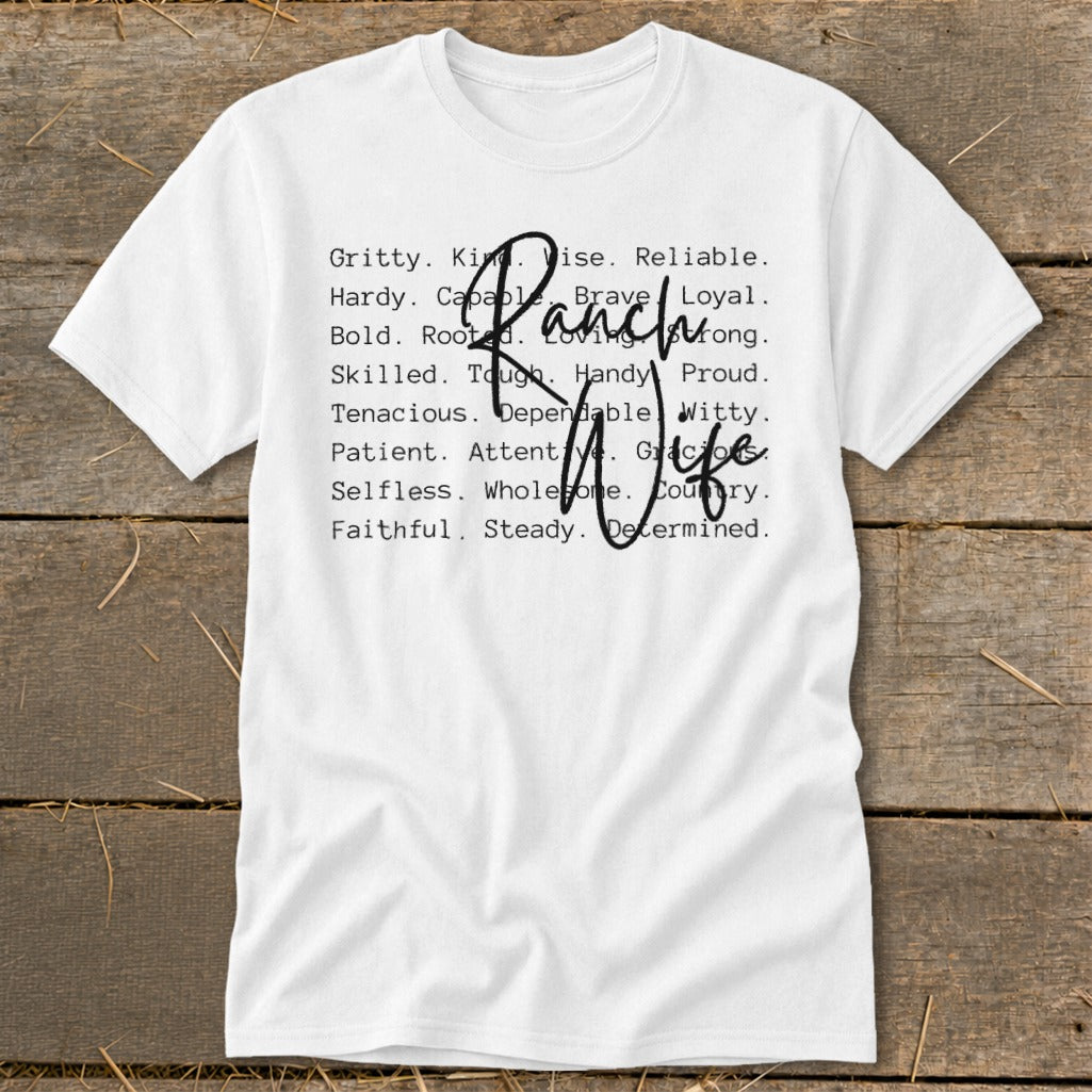 White t-shirt with "Ranch Wife" and descriptive words in black text.