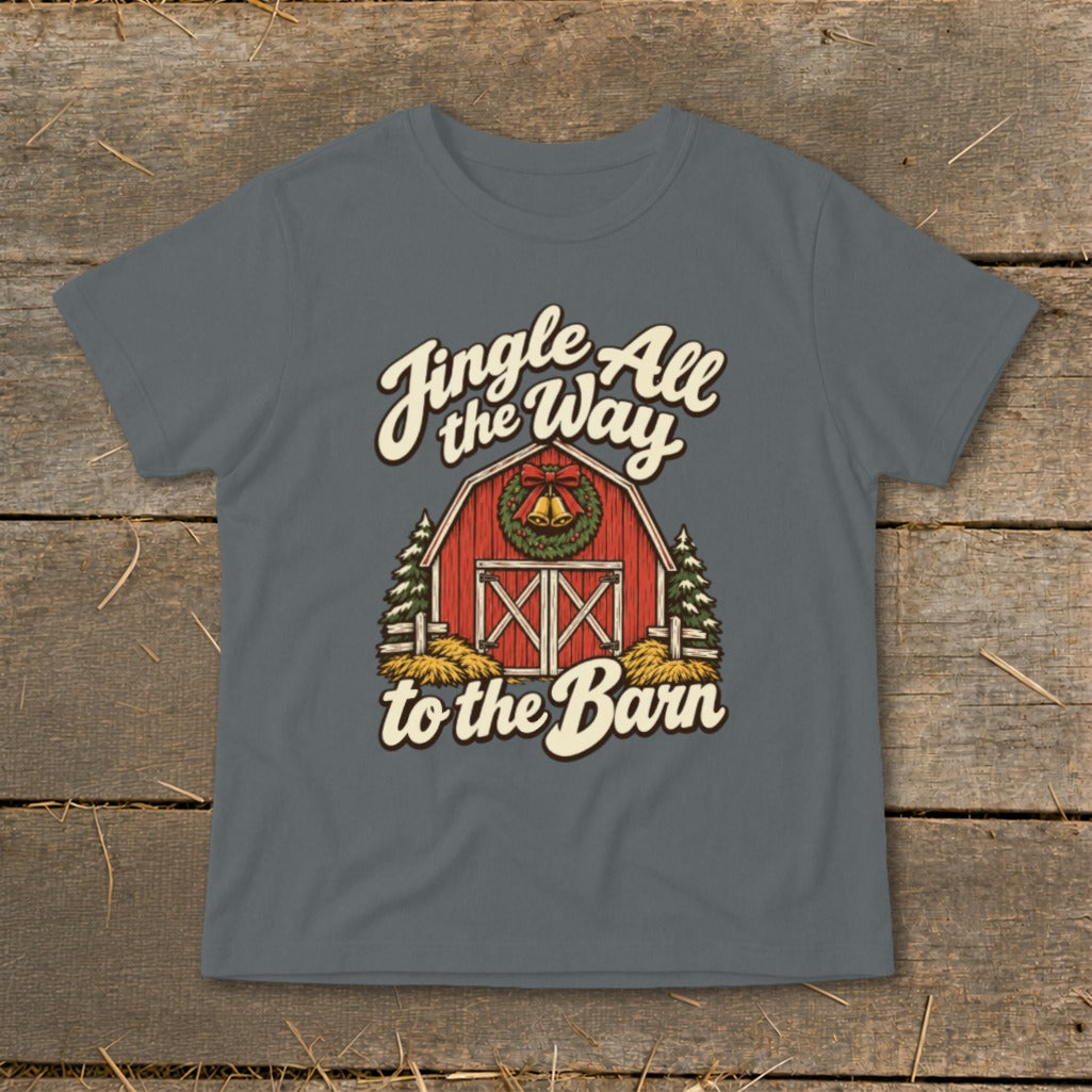 Grey t-shirt with "Jingle All the Way to the Barn" text and red barn graphic.