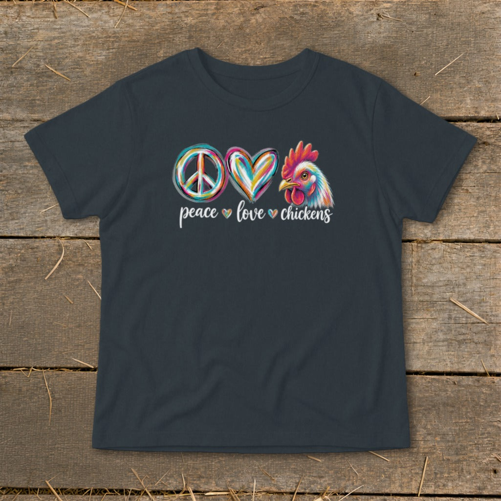 Dark t-shirt with peace, love, chickens graphic and colorful chicken illustration.